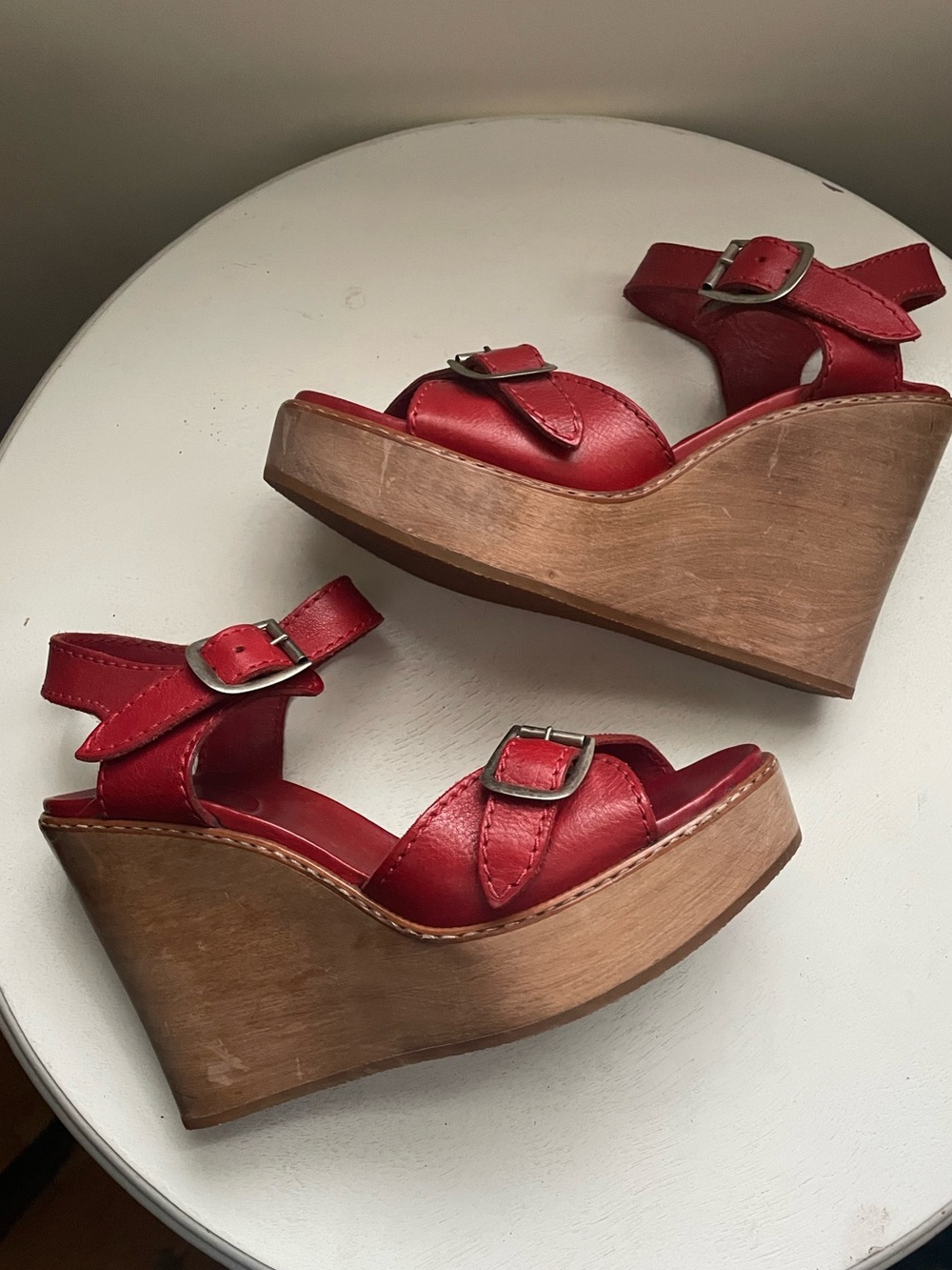 CHLOE Vintage Y2K Red Leather Paddington Wood Wooden Wedge Sandals 40 9.5 10 NEW